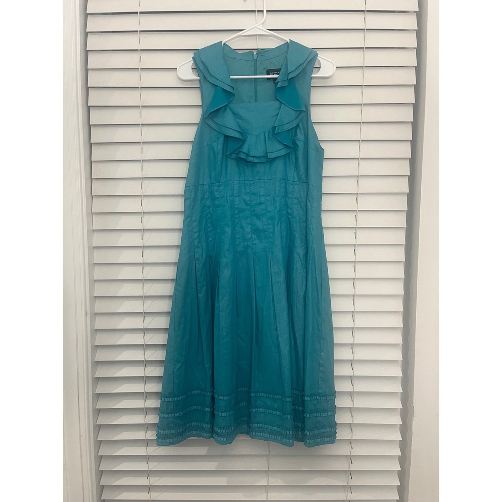 Adrianna Papell Turquoise Blue Ruffle Neck Cotton Fit Flare Dress Size 14